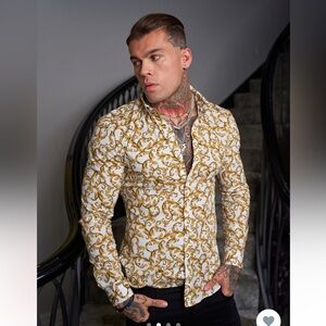 Father Sons Slim Stretch White / Gold Long Sleeve Button Down Collar - Size XL